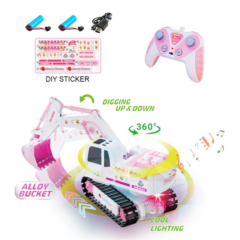Pink Remote Control Excavator - Premium Alloy Durable Construction, Realistic Lights Sound Movements, 3.7V 500mAh Battery Extended Playtime for Kids Aged 3 And Up, Imaginative Construction Play - Image 1