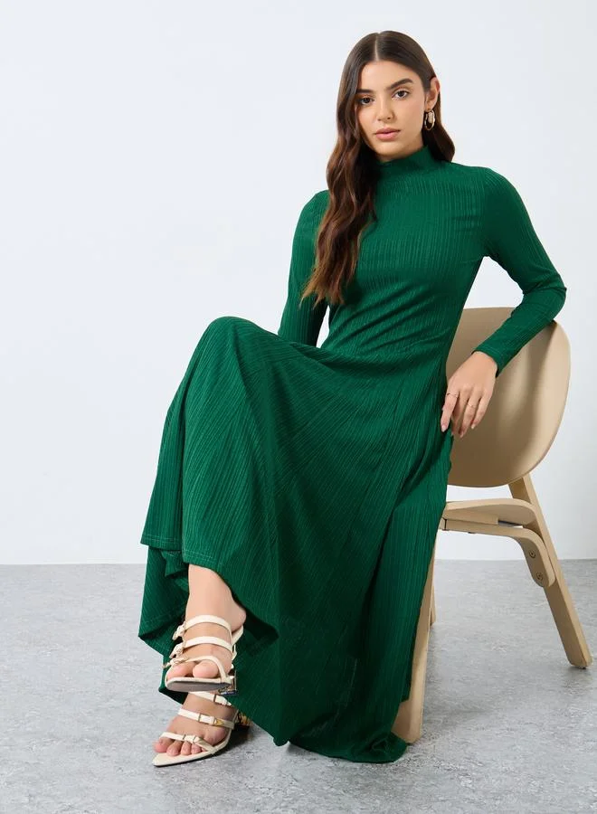 Styli Textured Long Sleeves A-Line Midi Dress