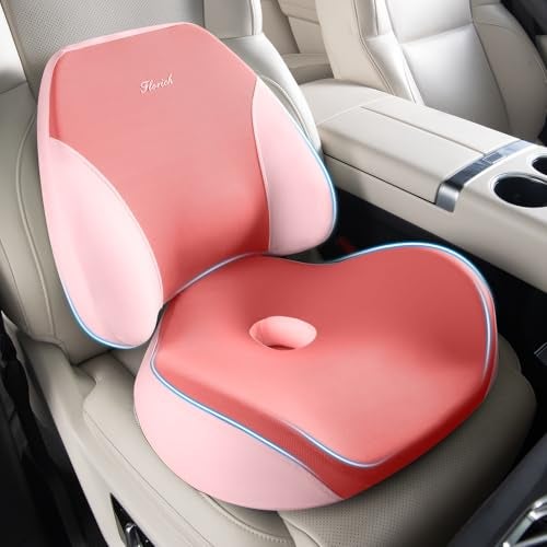 FLORICH Lumbar Support Pillow and Car Seat Cushion for Driving Car Office Chair, Memory Foam Back Support Pillow and Office Seat Chair Cushion for Sciatica Pain Relief - Pink - Image 1