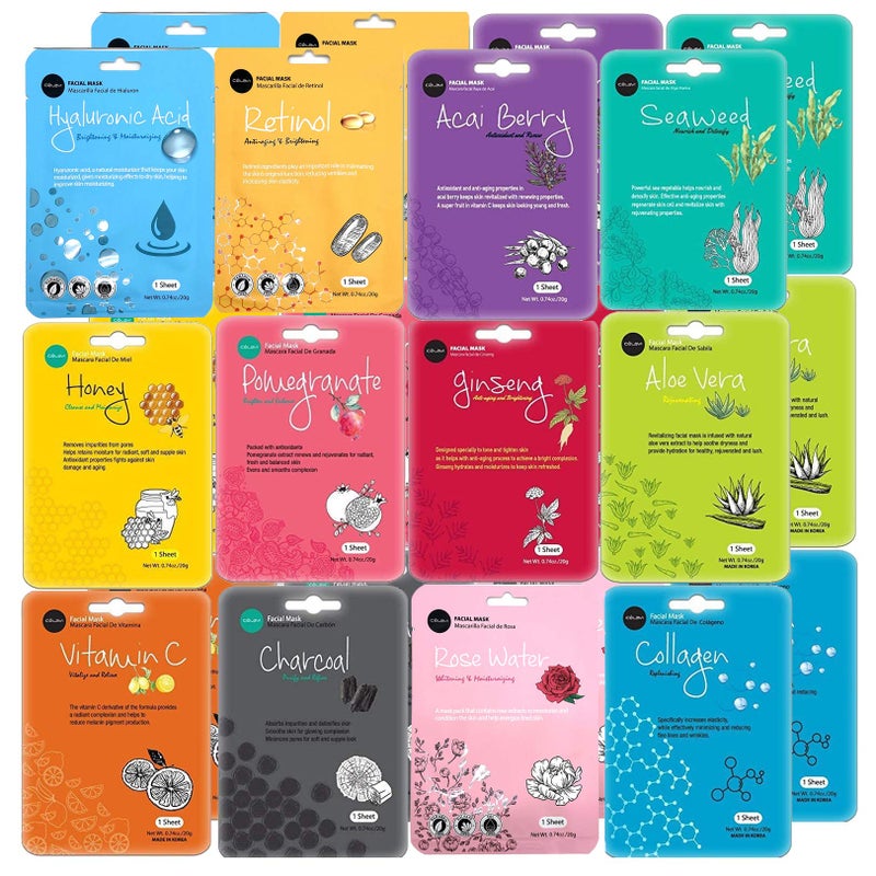 Celavi Cosmetics celavi Face Mask Set Korean Beauty Essence Facial Paper Sheet Mask Korea Skin Care Moisturizing 2 Packs of each 12 New flavors K-Beauty Skincare 24 masks in a pack Made in Korea - Image 1