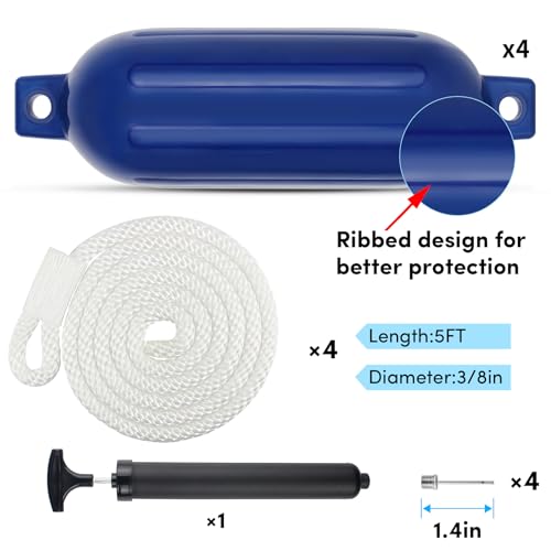 VEITHI Boat Fenders 4 Pack, Ribbed Twin Eyes Vinyl Boat Fenders Bumpers, Boat Bumpers for Docking Come with Ropes Needles and Pump to Inflate, Small Bumpers of Boats 4.5 x 16 inch Navy - Image 3