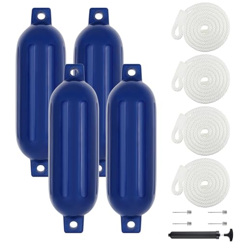 VEITHI Boat Fenders 4 Pack, Ribbed Twin Eyes Vinyl Boat Fenders Bumpers, Boat Bumpers for Docking Come with Ropes Needles and Pump to Inflate, Small Bumpers of Boats 4.5 x 16 inch Navy - Image 1