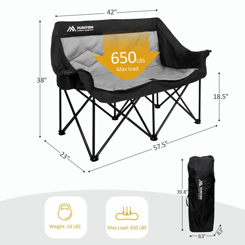 Huskfirm 2 Person Camping Chair Oversized Loveseat Camping Chair Double Camping Chairs for Adults Heavy Duty Camping Couch Black Outdoor Folding Chair Portable Patio Lawn Chair - Image 5