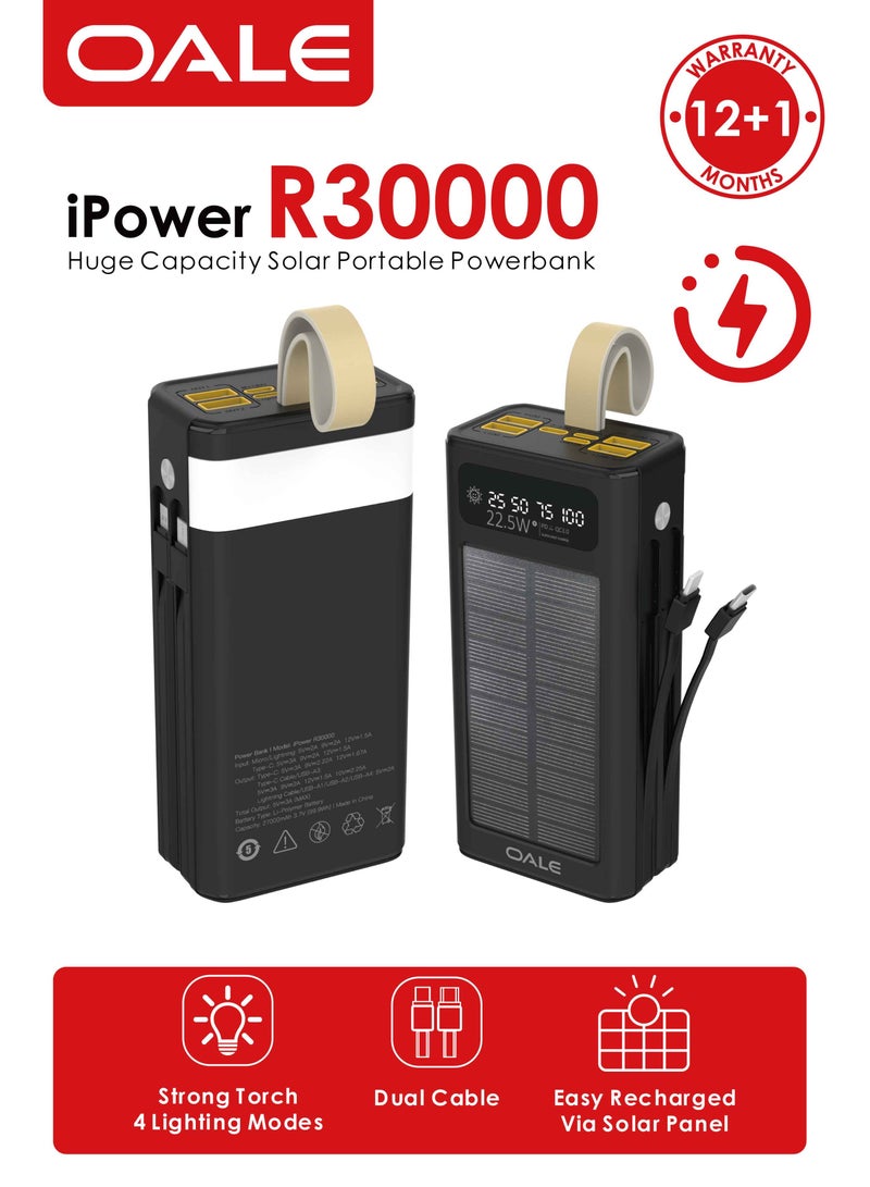 أوالي, بنك الطاقة الشمسية iPower R30000 مع كبلين – شحن سريع 22.5 وات، 4 منافذ USB ومنفذ PD من النوع C، كبلان مدمجان (Lightning ومن النوع C) ضوء LED، شاحن محمول للتخييم واستخدام أجهزة متعددة | أسود - Image 1