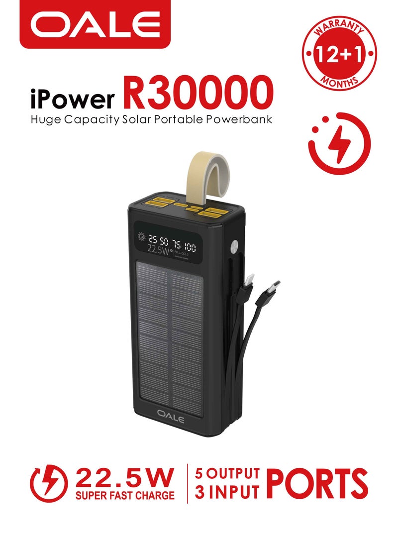 أوالي, بنك الطاقة الشمسية iPower R30000 مع كبلين – شحن سريع 22.5 وات، 4 منافذ USB ومنفذ PD من النوع C، كبلان مدمجان (Lightning ومن النوع C) ضوء LED، شاحن محمول للتخييم واستخدام أجهزة متعددة | أسود - Image 2