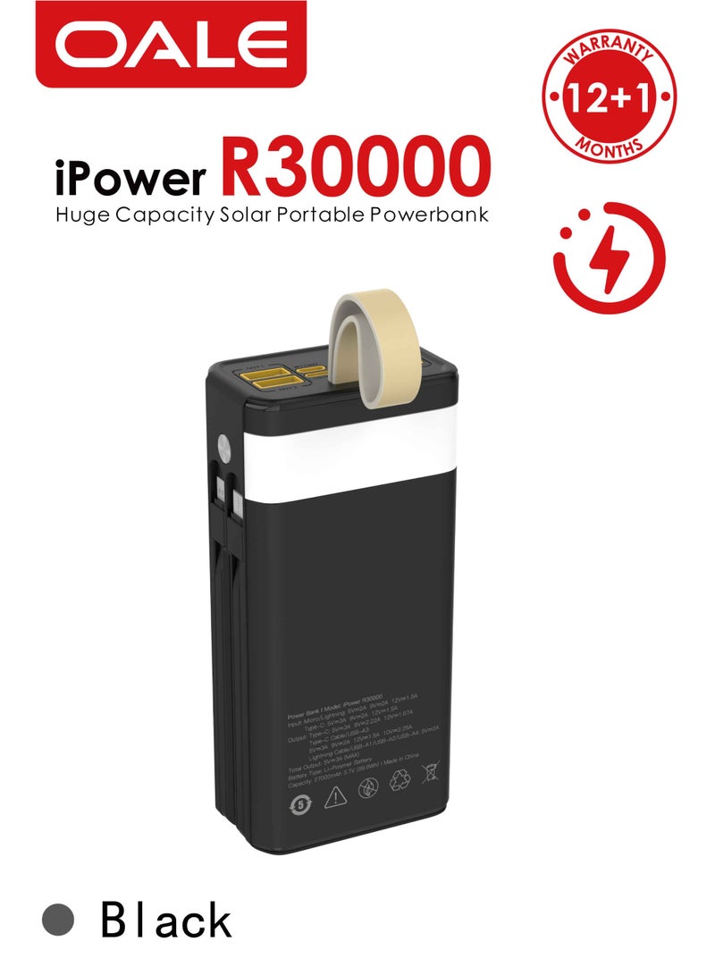 أوالي, بنك الطاقة الشمسية iPower R30000 مع كبلين – شحن سريع 22.5 وات، 4 منافذ USB ومنفذ PD من النوع C، كبلان مدمجان (Lightning ومن النوع C) ضوء LED، شاحن محمول للتخييم واستخدام أجهزة متعددة | أسود - Image 3