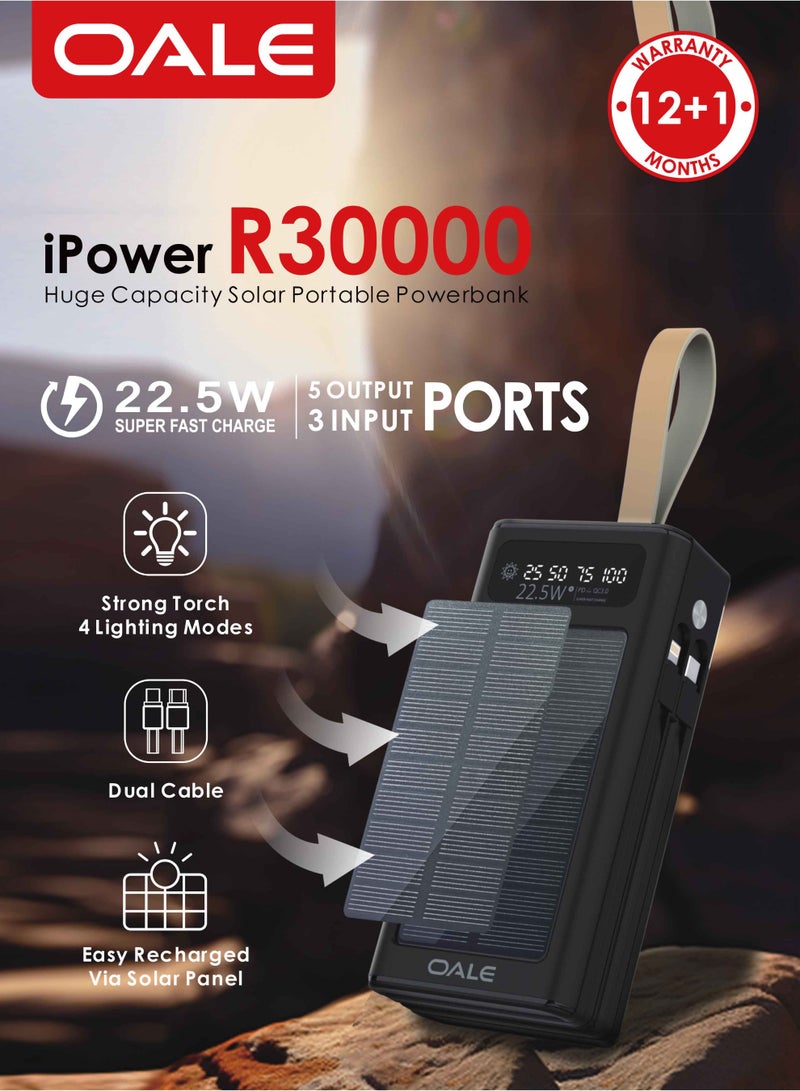 أوالي, بنك الطاقة الشمسية iPower R30000 مع كبلين – شحن سريع 22.5 وات، 4 منافذ USB ومنفذ PD من النوع C، كبلان مدمجان (Lightning ومن النوع C) ضوء LED، شاحن محمول للتخييم واستخدام أجهزة متعددة | أسود - Image 4