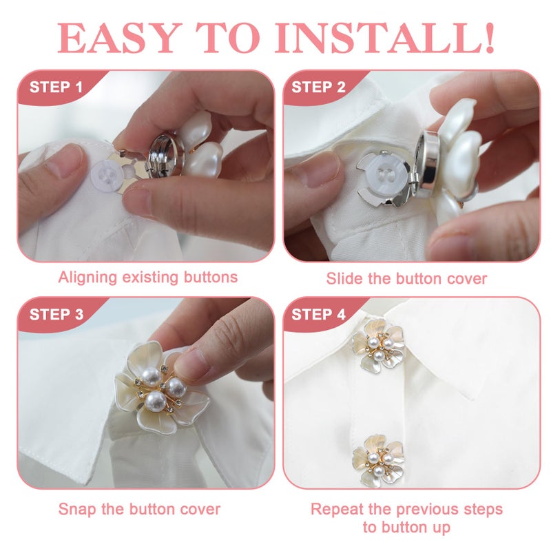 KDUPUP 6 Pcs Crystal Pearl Button Covers Decorative Rhinestone Buttons Covers Pins Detachable Shirt Button Clips Buttons Jewelry Reusable Button Covers for Crafts Sewing DIY (White) - Image 3