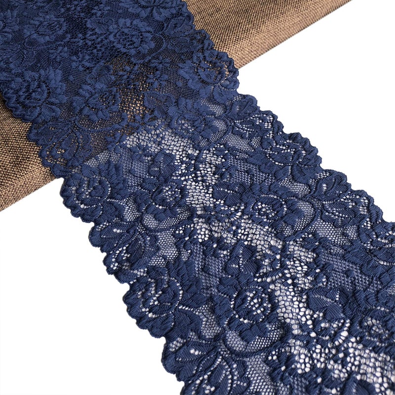 LUMKET 6 Inches Wide Stretch Lace Ribbon with Floral Pattern 5 Yards Lace Trim Fabric for Bridal Wedding Decorations Sewing and Crafts  7227 Navy