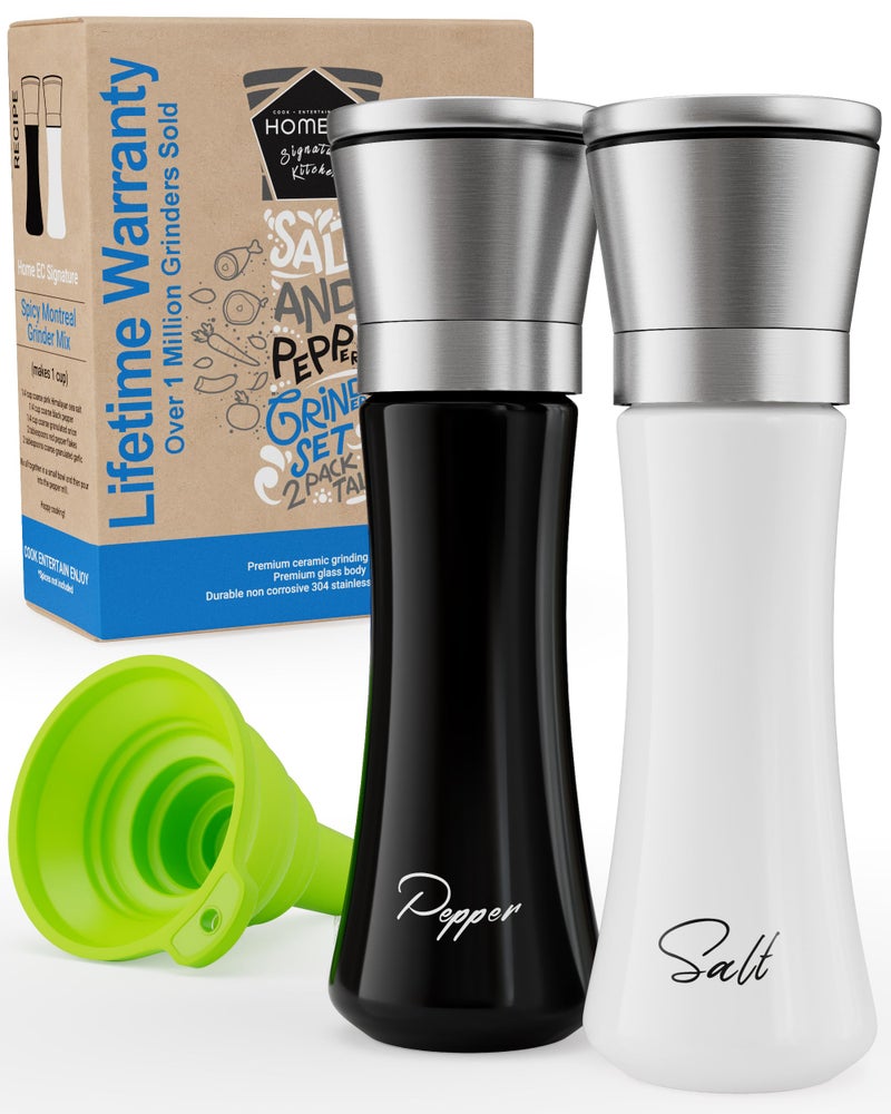 HOME EC Stainless Steel Salt and Pepper Grinder Set of 2 - Adjustable Ceramic Sea Salt Grinder & Pepper Grinder - Glass Salt and Pepper Shakers - Pepper Mill & Salt Mill W/Funnel - Black and White - Image 1
