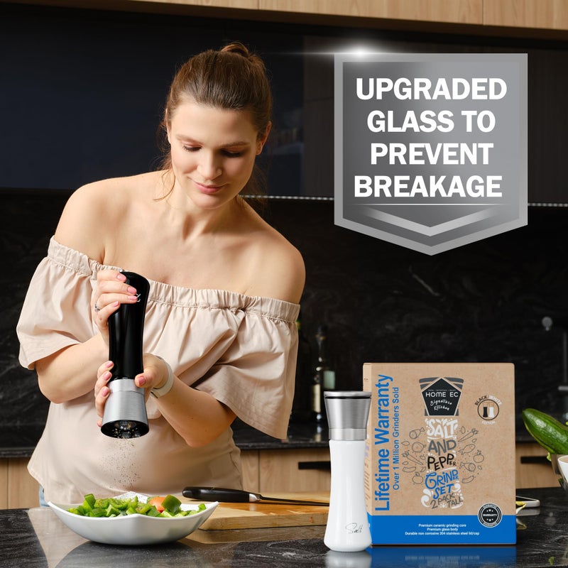HOME EC Stainless Steel Salt and Pepper Grinder Set of 2 - Adjustable Ceramic Sea Salt Grinder & Pepper Grinder - Glass Salt and Pepper Shakers - Pepper Mill & Salt Mill W/Funnel - Black and White - Image 5