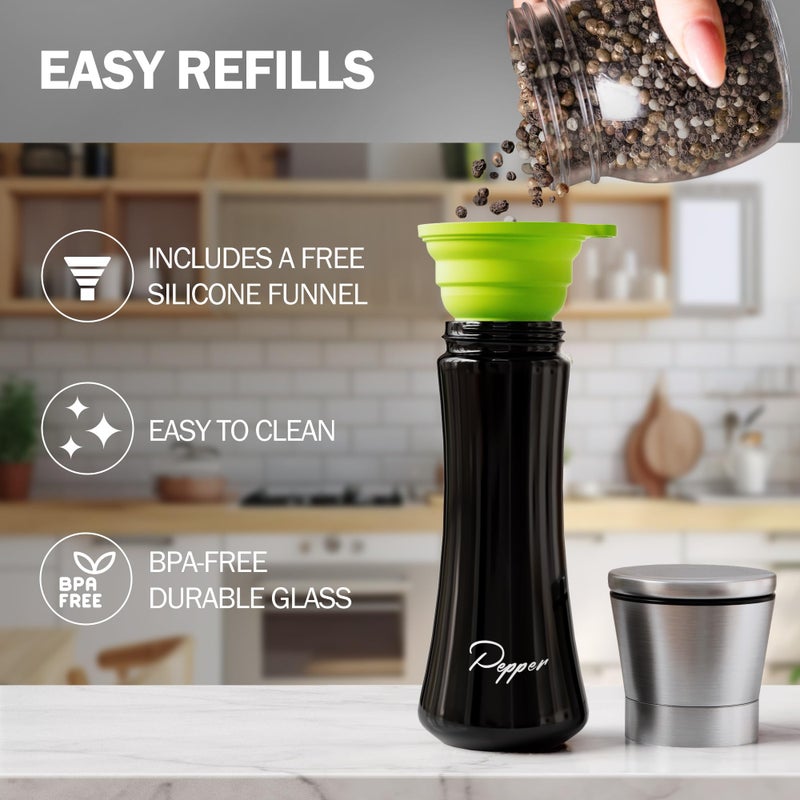 HOME EC Stainless Steel Salt and Pepper Grinder Set of 2 - Adjustable Ceramic Sea Salt Grinder & Pepper Grinder - Glass Salt and Pepper Shakers - Pepper Mill & Salt Mill W/Funnel - Black and White - Image 4