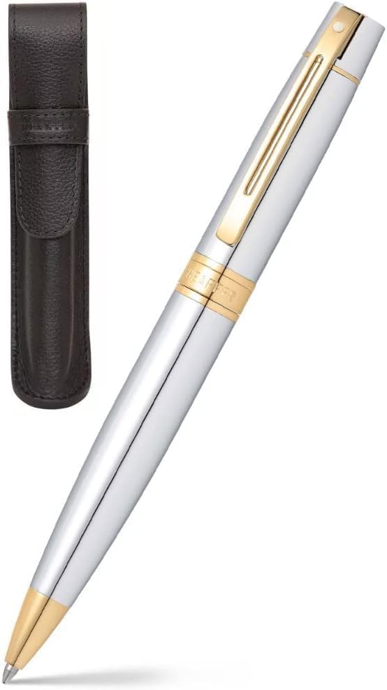 SHEAFFER Sheaffer 300 Chrome with Gold Trim Pen and Leather Pouch Gift Set Ballpoint  - Image 5