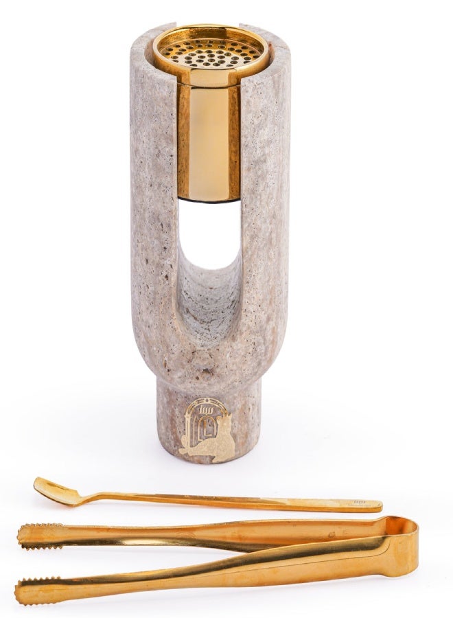 Layers Ofra Grey Travertine Mini Incense Burner Holder – Natural Stone with Golden Burner - Image 1