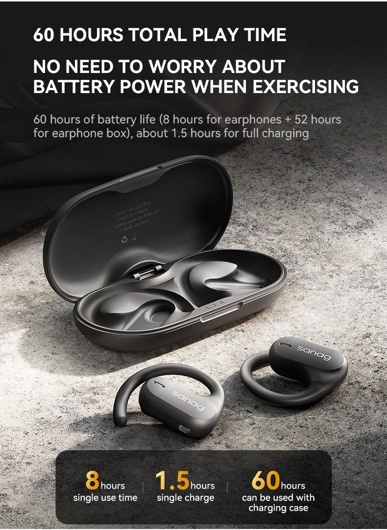 sanag Z7 Wireless Earbuds, Secure Fit And Ipx5 Waterproof Open Ear Headphones, Stylish And Durable Earphones With 60h Long Battery Life Compatible With Mobile Phone, Tablet, Laptop, ( Black Color)  - Image 3