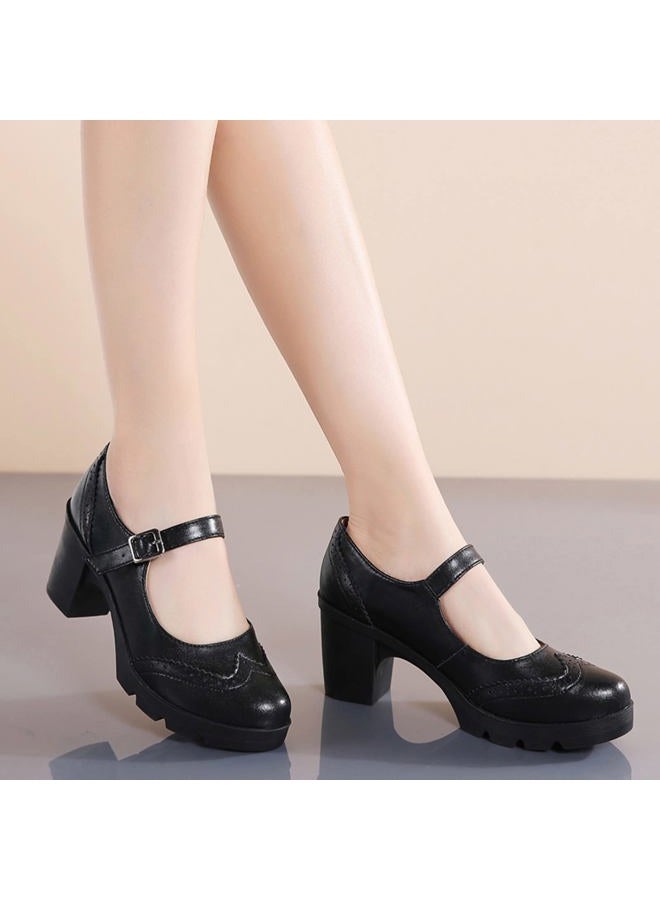 DADAWEN Women's Chunky Low Block Heels Mary Jane Closed Toe Work Pumps Comfortable Round Toe Oxfords Dress Wedding Shoes, Black, 7 - Image 2