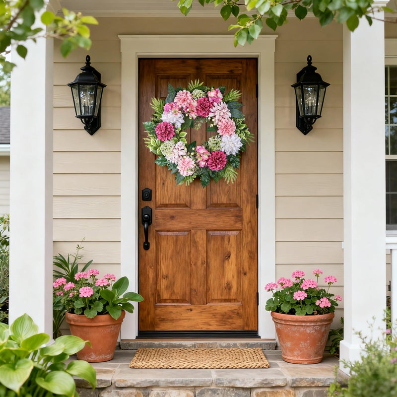 MDSTBN 24-Inch Spring Wreath for Front Door with Hydrangeas Dahlias Daisy Silk Flowers and Berry Greenery for All Seasons Indoor Outdoor Wedding Farmhouse Porch Wall Living Room Home Wedding Decor - Image 4