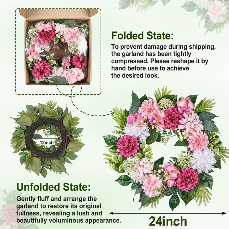 MDSTBN 24-Inch Spring Wreath for Front Door with Hydrangeas Dahlias Daisy Silk Flowers and Berry Greenery for All Seasons Indoor Outdoor Wedding Farmhouse Porch Wall Living Room Home Wedding Decor - Image 5