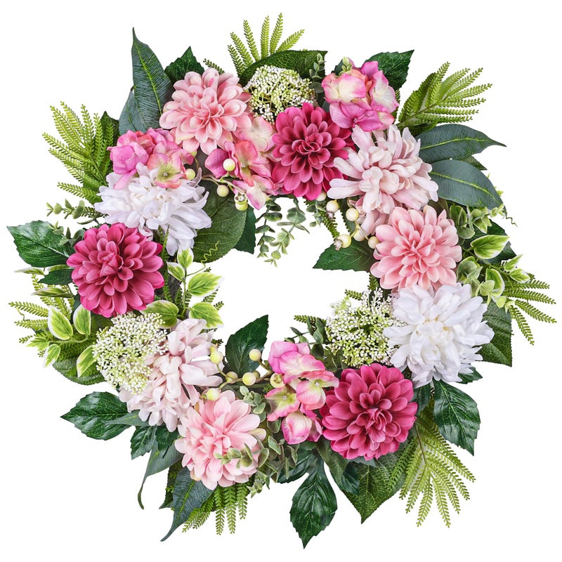MDSTBN 24-Inch Spring Wreath for Front Door with Hydrangeas Dahlias Daisy Silk Flowers and Berry Greenery for All Seasons Indoor Outdoor Wedding Farmhouse Porch Wall Living Room Home Wedding Decor - Image 1