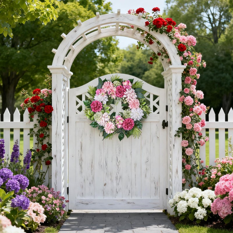 MDSTBN 24-Inch Spring Wreath for Front Door with Hydrangeas Dahlias Daisy Silk Flowers and Berry Greenery for All Seasons Indoor Outdoor Wedding Farmhouse Porch Wall Living Room Home Wedding Decor - Image 3
