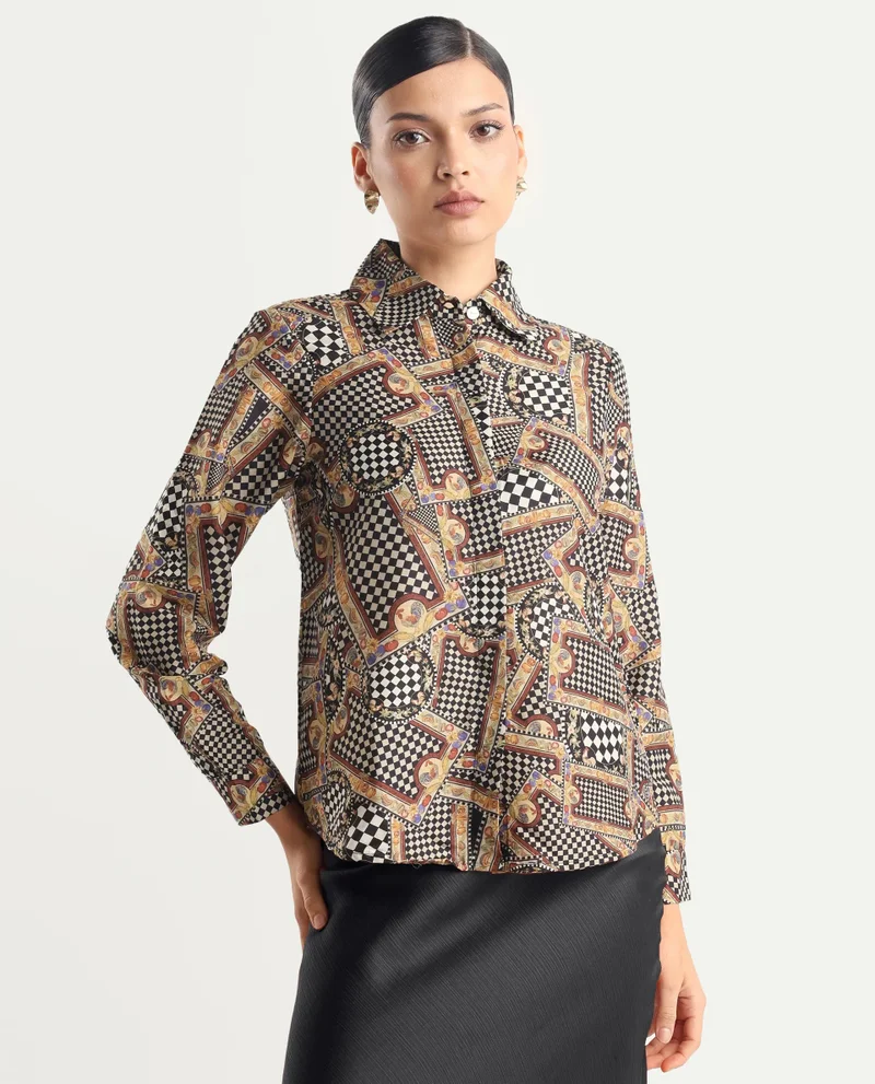 ريريزم بلوزة نسائية بأكمام كاملة وطبعة متعددة