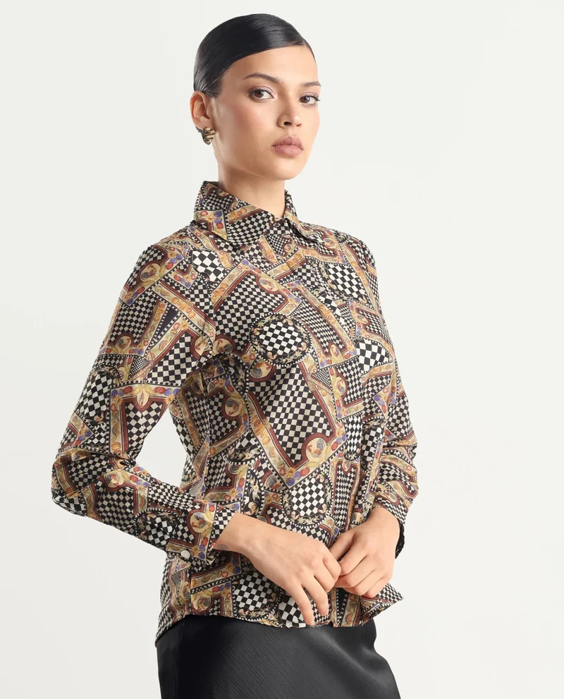 ريريزم بلوزة نسائية بأكمام كاملة وطبعة متعددة