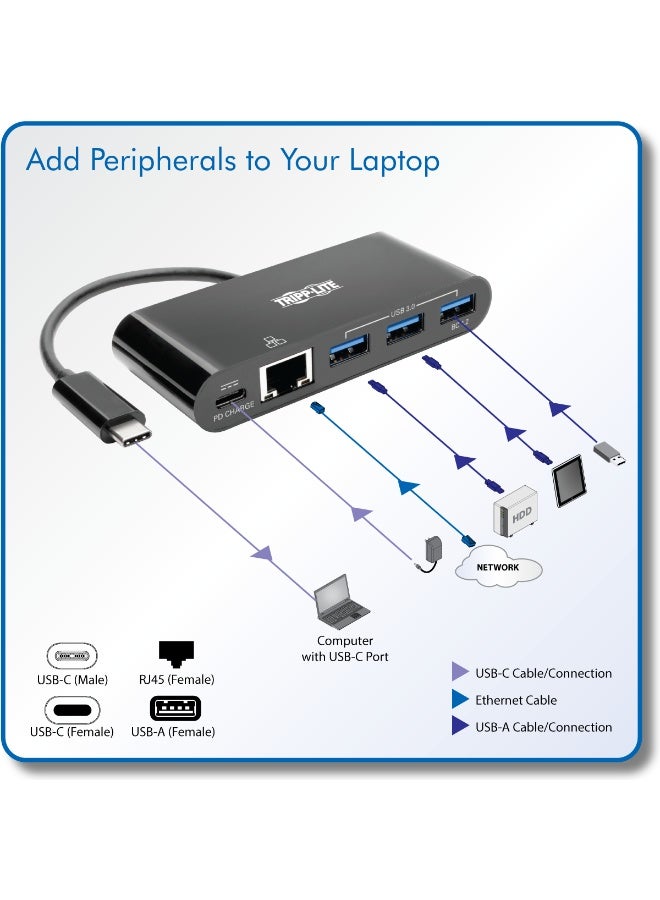 Tripp Lite 3-Port USB-C Hub - 3x USB-A, GbE, 60W PD Charging, Black (U460-003-3AGB-C) - Image 2