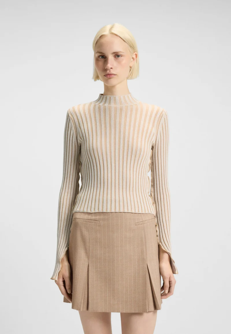 HUGO Mock-neck sweater in ribbed cotton with frilled seams