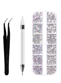 Yujia Crystal Gems Nail Art Rhinestones Kit with Double -Sided Nail Wax Pen Tools &Tweezers, Charms Gems Nail Set for Face Eye Makeup Decoration &DIY Nail(White）  - Image 1