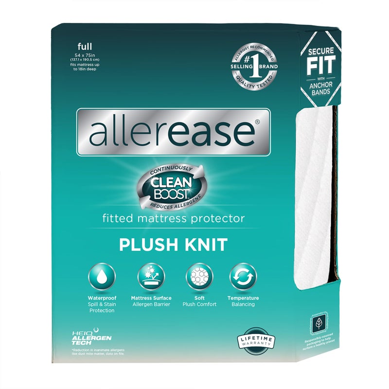 Aller-Ease AllerEase CleanBoost Plush Knit Mattress Protector Waterproof Particle Barrier Temperature Balancing Soft Plush Comfort Machine Washable Fitted Cover with Elastic Anchor Bands Mattress Cover, Full - Image 1