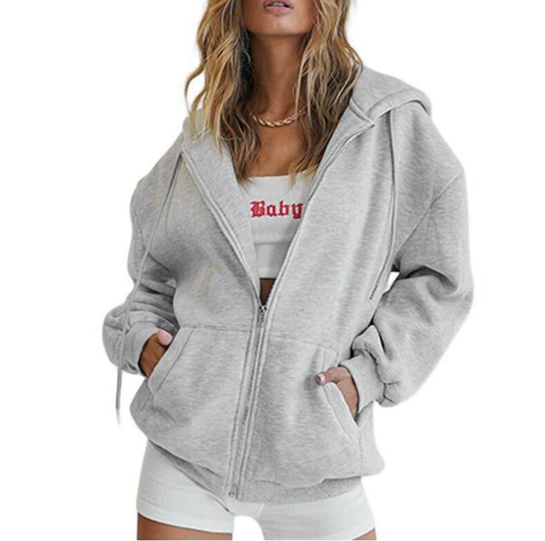 Womens Cute Hoodie Autumn Casual Zip-up Sweatshirt Light gray