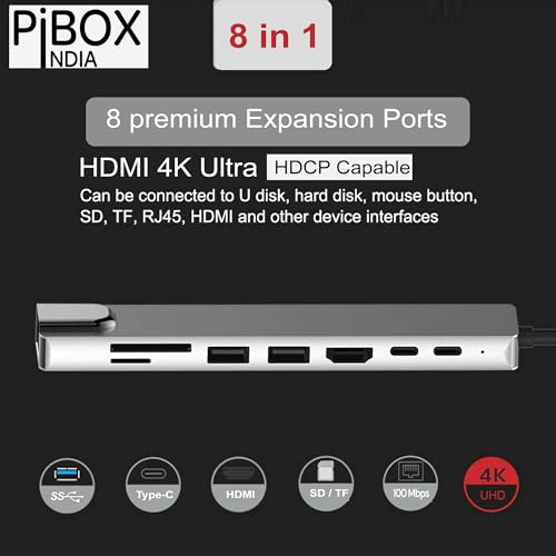 pibox India USB C Hub Dock 8 in 1 Aluminum Type C Adapter with 4K HDMI Port, Ethernet 100mbps RJ45 Port, 2 USB 3.0 Ports, USB-C Power Delivery, TF/SD Card Reader, MacBook/Dell/Samsung USB C Devices - Image 3