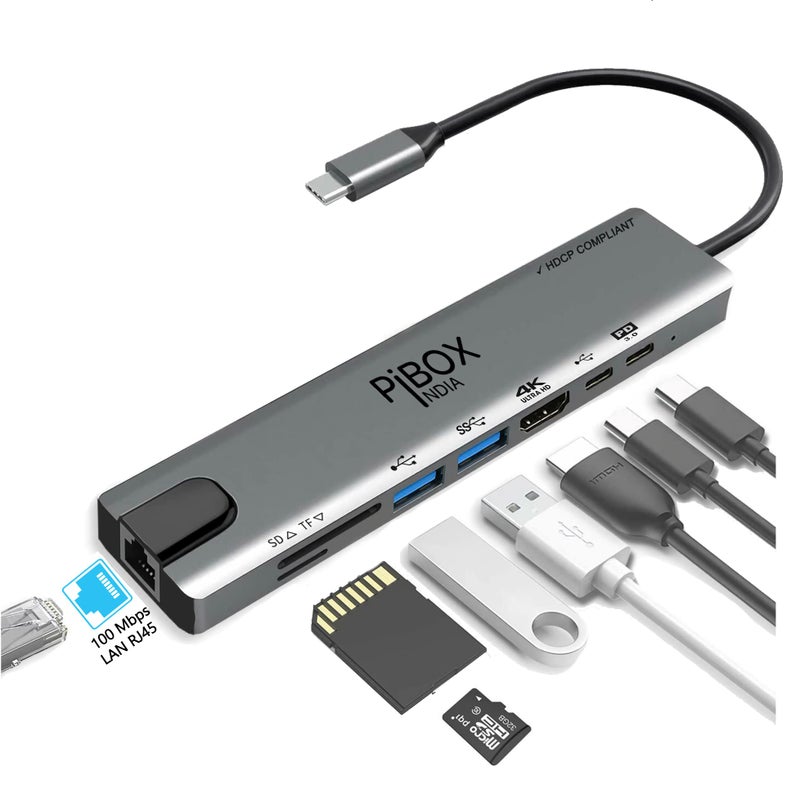 pibox India USB C Hub Dock 8 in 1 Aluminum Type C Adapter with 4K HDMI Port, Ethernet 100mbps RJ45 Port, 2 USB 3.0 Ports, USB-C Power Delivery, TF/SD Card Reader, MacBook/Dell/Samsung USB C Devices - Image 1