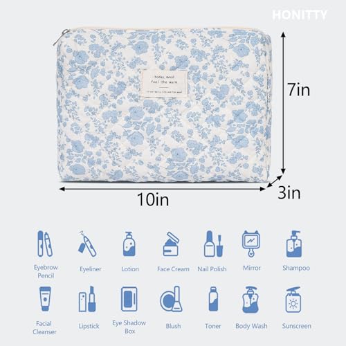 honitty Makeup Pouch,Quilted Cosmetic Bags,Large Floral Make Up Organizer for Women - Image 2