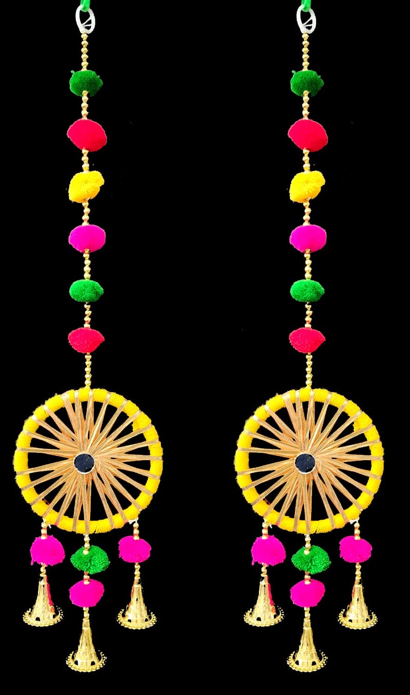 3A Featuretail Handcrafted Decorative Colourful Pom Pom with Bells for Wall/Door/Window Hanging Bells, Festive or Wedding Hanging Decorative Items (Yellow, Pack of 4) - Image 2