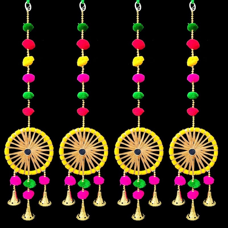 3A Featuretail Handcrafted Decorative Colourful Pom Pom with Bells for Wall/Door/Window Hanging Bells, Festive or Wedding Hanging Decorative Items (Yellow, Pack of 4) - Image 5