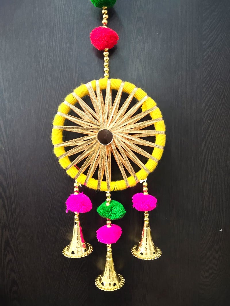 3A Featuretail Handcrafted Decorative Colourful Pom Pom with Bells for Wall/Door/Window Hanging Bells, Festive or Wedding Hanging Decorative Items (Yellow, Pack of 4) - Image 3