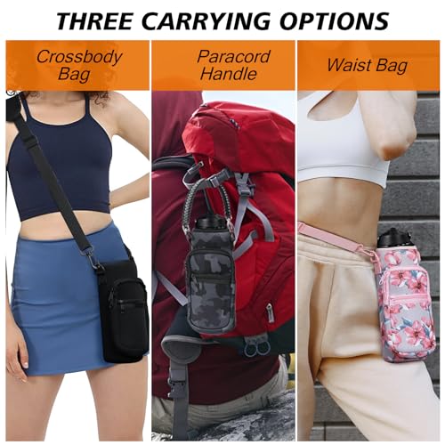 AceTreker حقيبة حامل زجاجة الماء AceTreker، 32 أونصة/ 40 أونصة غلاف زجاجة ماء مع مقبض حبل بارا وكيس حزام، حافظة قنينة معدنية نيون مع جيب للهاتف للجيم، الرياضة، الصيد - Image 4