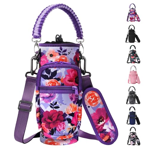 AceTreker حقيبة حامل زجاجة الماء AceTreker، 32 أونصة/ 40 أونصة غلاف زجاجة ماء مع مقبض حبل بارا وكيس حزام، حافظة قنينة معدنية نيون مع جيب للهاتف للجيم، الرياضة، الصيد - Image 1