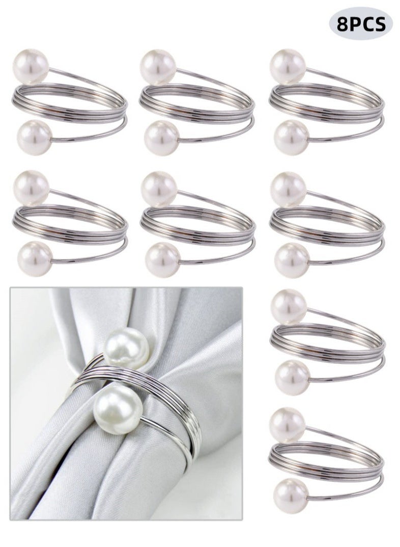 8Pcs Silver Pearl Napkin Rings Retro And Simple Style Silver Napkin Ring Pearls，Silver Metal Electroplated Napkin Rings For Family Dinner Wedding Table Decoration Birthday Party Decoration  - Image 1