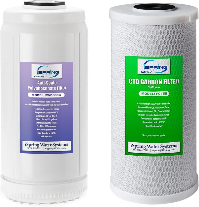 iSpring F2WGB21BDS Whole House 45x10 Water Filtration CTO Carbon Block and AntiScale Polyfilter Water Filter Replacement Cartridge Pack Set for WGB21BDS
