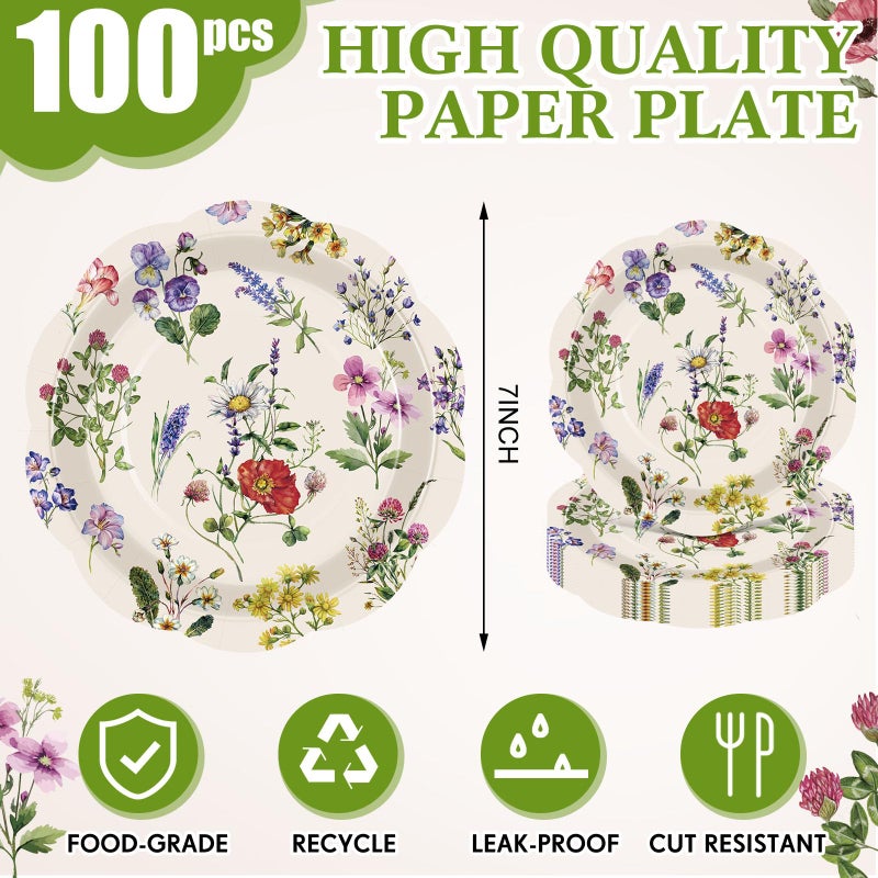 Funnymoom Funnymoom 100 Pcs Wild Floral Paper Plates 7 Inches Wildflowers Disposable Dinner Plates Party Plates Garden Decorations for Tea Party Birthday Bridal Wedding Shower Party Picnic Supplies  - Image 1