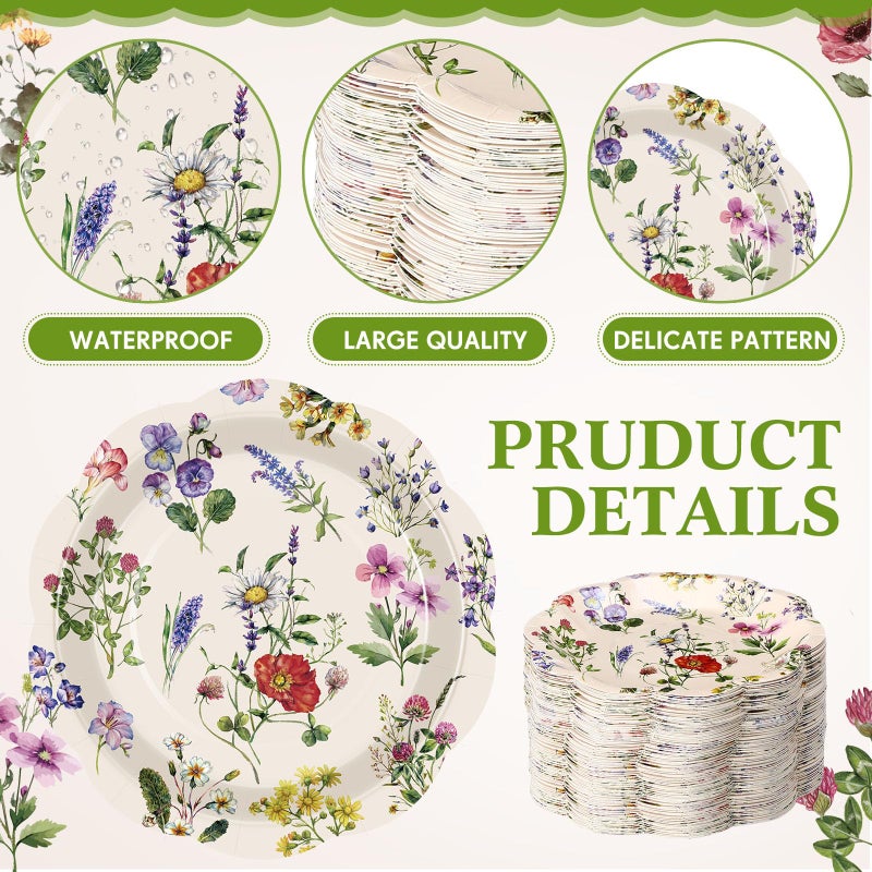 Funnymoom Funnymoom 100 Pcs Wild Floral Paper Plates 7 Inches Wildflowers Disposable Dinner Plates Party Plates Garden Decorations for Tea Party Birthday Bridal Wedding Shower Party Picnic Supplies  - Image 2