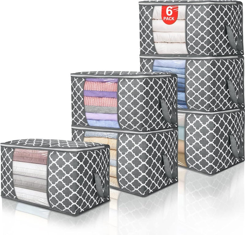 Budding Joy Pack of 6 90 L Storage Bags, Storage Boxes with Lid, Large, Clothes Storage, Moving Boxes, Foldable Underbed Wardrobe for Clothes, Duvets and Bedding, Plaid - Image 1