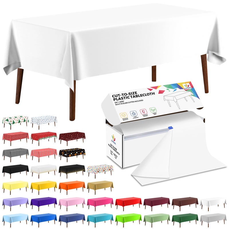 CXPSINC 54 Inch X 300 Feet Plastic Table Cover Roll Disposable Tablecloth with Slide Cutter for All Type/Shape Tables | Party, Banquet, Birthdays, Weddings(White, 300 Feet) - Image 1