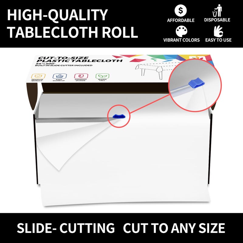 CXPSINC 54 Inch X 300 Feet Plastic Table Cover Roll Disposable Tablecloth with Slide Cutter for All Type/Shape Tables | Party, Banquet, Birthdays, Weddings(White, 300 Feet) - Image 4