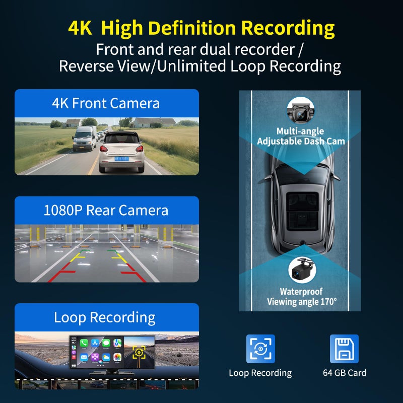 Leadtree Largest 11.5 inch Wireless CarPlay Screen for Car, A-pple CarPlay & Android Auto HD Touchscreen with 4K Dash Cam/1080P Backup Camera/Navigation/Bluetooth/Voice Control/FM/Mirror Link,for All Vehicles - Image 4