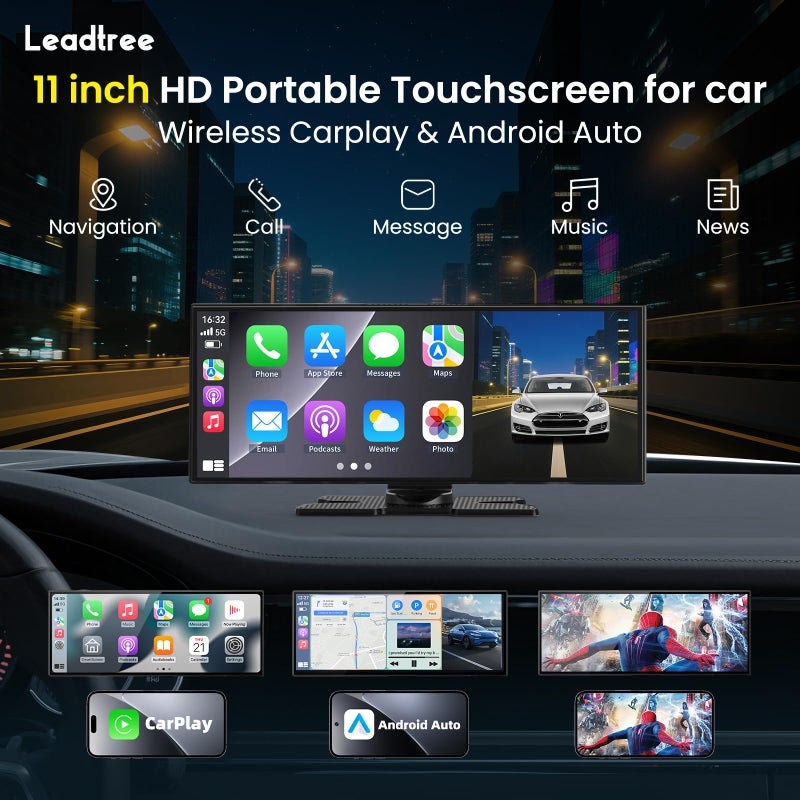 Leadtree Largest 11.5 inch Wireless CarPlay Screen for Car, A-pple CarPlay & Android Auto HD Touchscreen with 4K Dash Cam/1080P Backup Camera/Navigation/Bluetooth/Voice Control/FM/Mirror Link,for All Vehicles - Image 2