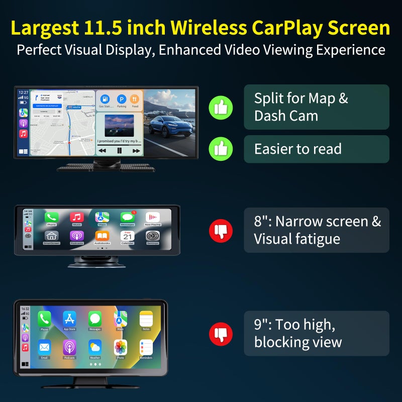 Leadtree Largest 11.5 inch Wireless CarPlay Screen for Car, A-pple CarPlay & Android Auto HD Touchscreen with 4K Dash Cam/1080P Backup Camera/Navigation/Bluetooth/Voice Control/FM/Mirror Link,for All Vehicles - Image 3