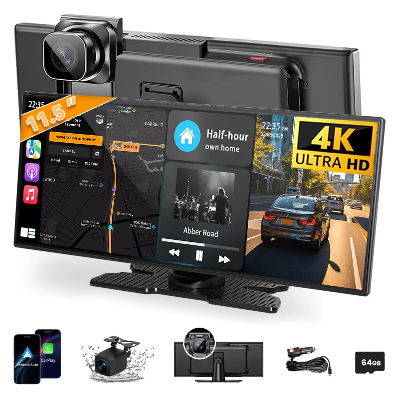 Leadtree Largest 11.5 inch Wireless CarPlay Screen for Car, A-pple CarPlay & Android Auto HD Touchscreen with 4K Dash Cam/1080P Backup Camera/Navigation/Bluetooth/Voice Control/FM/Mirror Link,for All Vehicles - Image 1